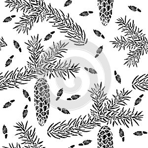 Spruce seamless pattern isolated on white. Picea branch, cone, seed.