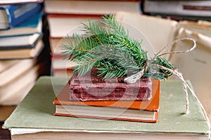 Spruce twig tied up with old rope on stack of old vintage books