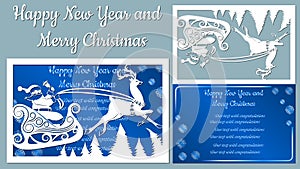 Spruce, wood, sleigh, reindeer. Vector. Plotter cutting. Cliche. The image with the inscription - merry Christmas. For