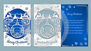 Spruce, wood, snowflakes, reindeer. Christmas balls set with a snowflake. Vector. Plotter cutting. Cliche. The image with the photo