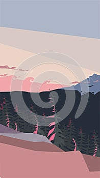 Spruces and snow at sunset against the mountain, winter landscape abstract vector