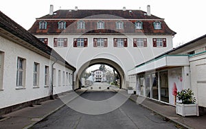 Sprudelhof, mineral waters spa complex, arched gate of the Bathhouse 7, Bad Nauheim, Hesse, Germany