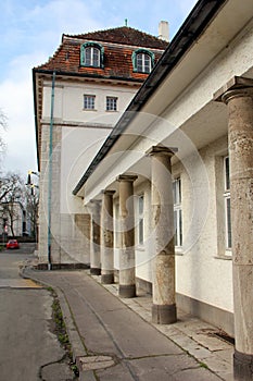 Sprudelhof, mineral waters spa complex, external colonnade of the Bathhouse 7, Bad Nauheim, Hesse, Germany