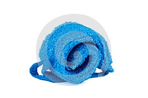 Spun blue sponge made of polypropylene strands insulated on a white background.