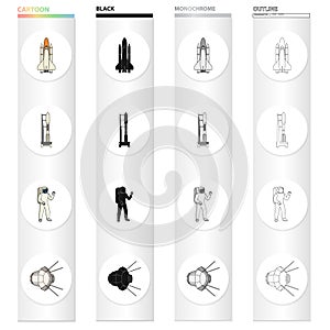 Sputnik, universe, planet, and other web icon in cartoon style.Galaxy, satellite, cosmodrome, icons in set collection.