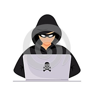Spy agent searching in the laptop. Hacker attack, cyber criminal. Disguised black thief with computer stealing user personal
