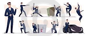 Spy agent. Secret detective working moving in action poses exact vector cartoon illustrations