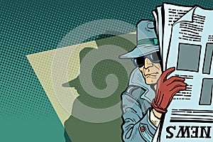 Spy detective in hat and sunglasses, newspaper