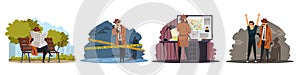 Spy doing crime investigation set. Sleuth searching man and evidence. Police detective work vector illustration