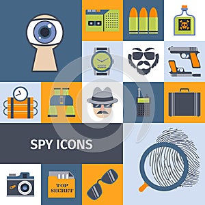 Spy gadgets flat icons composition poster