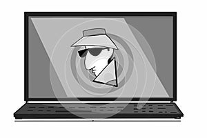 Spy hacker thief icon illustration cartoon speech bubble  security key and spy thief in laptop screen illustration drawing