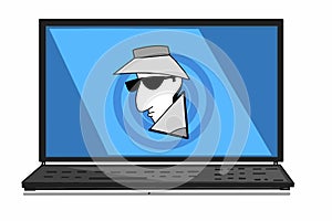 Spy hacker thief icon illustration cartoon speech bubble  security key and spy thief in laptop screen illustration drawing