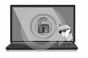 Spy hacker thief icon illustration cartoon speech bubble  security key and spy thief in laptop screen illustration drawing