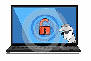 Spy hacker thief icon illustration cartoon speech bubble  security key and spy thief in laptop screen illustration drawing