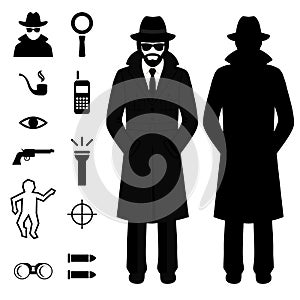 Spy icon, detective cartoon man, photo