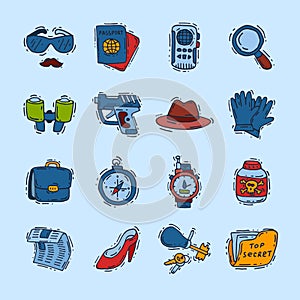 Spy icons vector cartoon detective set mafia agent binoculars or spyglass for spying or secret investigation