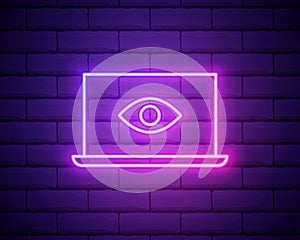 spy in laptop neon icon.Eye and laptop icon. Elements of Virus, antivirus set. Simple icon for websites, web design