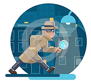 Spy magnifying glass mask detective cartoon character walk night city street background flat design vector illustration