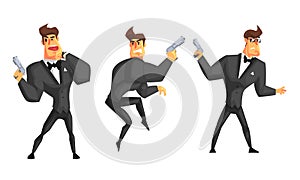 Spy Man in Black Leather Clothes with Gun Set, Secret Agent in Different Actions Vector Illustration