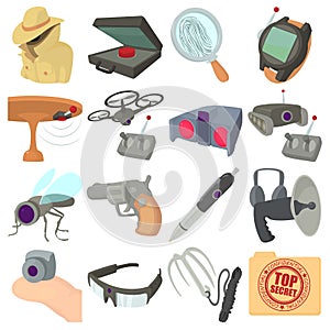 Spy and security icons set, cartoon style