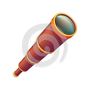 Spyglass or retro tube with brown wooden texture for marine travel, adventure and voyage. Vector illustration of antique pirates