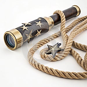 Spyglass with rope and stars isolated on white background photo