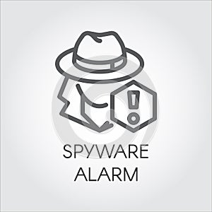 Spyware alarm icon in line design. Abstract human figure in hat and exclamation mark contour pictograph Spy outline sign