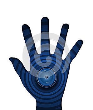 Spyware eyeball on ripple blue background in hand.