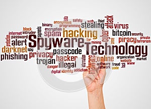 Spyware Technology word cloud and hand with marker concept