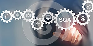 SQA, Software Quality Assurance concept. Verifying a software meets the required quality standards