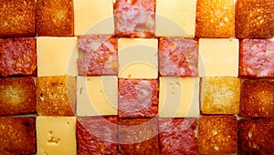 Sqare slices of salsmi, bread, cheese photo