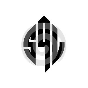 SQL circle letter logo design with circle and ellipse shape. SQL ellipse letters with typographic style. The three initials form a