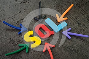 SQL modern programming language for database in software development or application concept, multi color arrows pointing to the