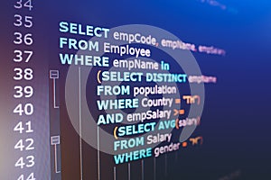 SQL (Structured Query Language) code on computer monitor