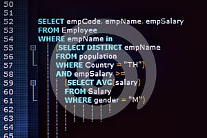 SQL (Structured Query Language) code on computer monitor.