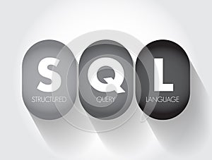 SQL Structured Query Language - standardized language for defining and manipulating data in a relational database, acronym text