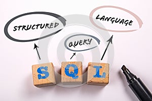SQL. Structured Query Language. Wooden cubes with letters on a white background