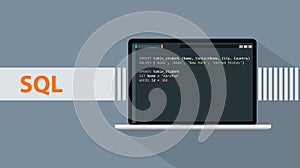 Sql structured query languages programming language with script code on laptop screen
