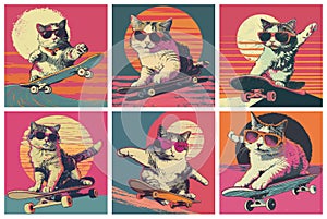 Squad of Cats Riding Skateboards with Sunglasses