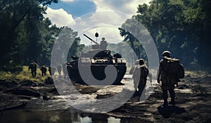 A Squad of Soldiers Marching Through the Muddy Battlefield