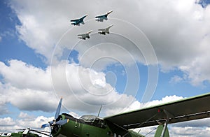 Squadron of military airplanes flying in the sky