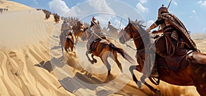 A squadron of Numidian cavalrymen riding through a sandy desert their horses expertly maneuvering around obstacles as