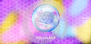 A squalane molecule in a rainbow ball with serum.3d illustration of the squalane molecule.Violet, yellow, blue science