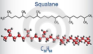 Squalane molecule. It is used in cosmetics as emollient and moisturizer Structural chemical formula and molecule model photo