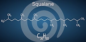 Squalane molecule. It is used in cosmetics as emollient and moisturizer Structural chemical formula and molecule model on the dar photo