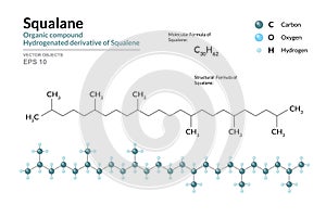 Squalane. Structural Chemical Formula and 3d Model of Molecule. C30H62. Atoms with Color Coding. Vector graphic Illustration