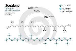 Squalene. Structural Chemical Formula and 3d Model of Molecule. C30H50. Atoms with Color Coding. Vector graphic Illustration