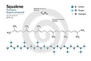 Squalene. Structural Chemical Formula and 3d Model of Molecule. C30H50. Atoms with Color Coding. Vector graphic Illustration