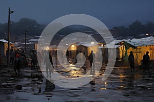Squalid Refugee camp tents dirty. Generate Ai