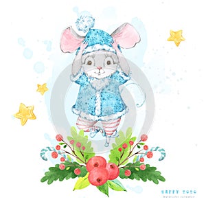 Square 2020 New Year and Christmas poster with a cute watercolor ballet dancer mouse, rat in a blue costume with snowflake pattern